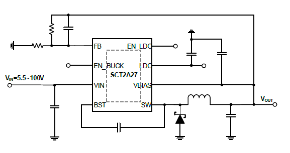 5.5V-100V Vin，4A峰值限流，高效异步降压DCDC转换器,集成200mA LDO